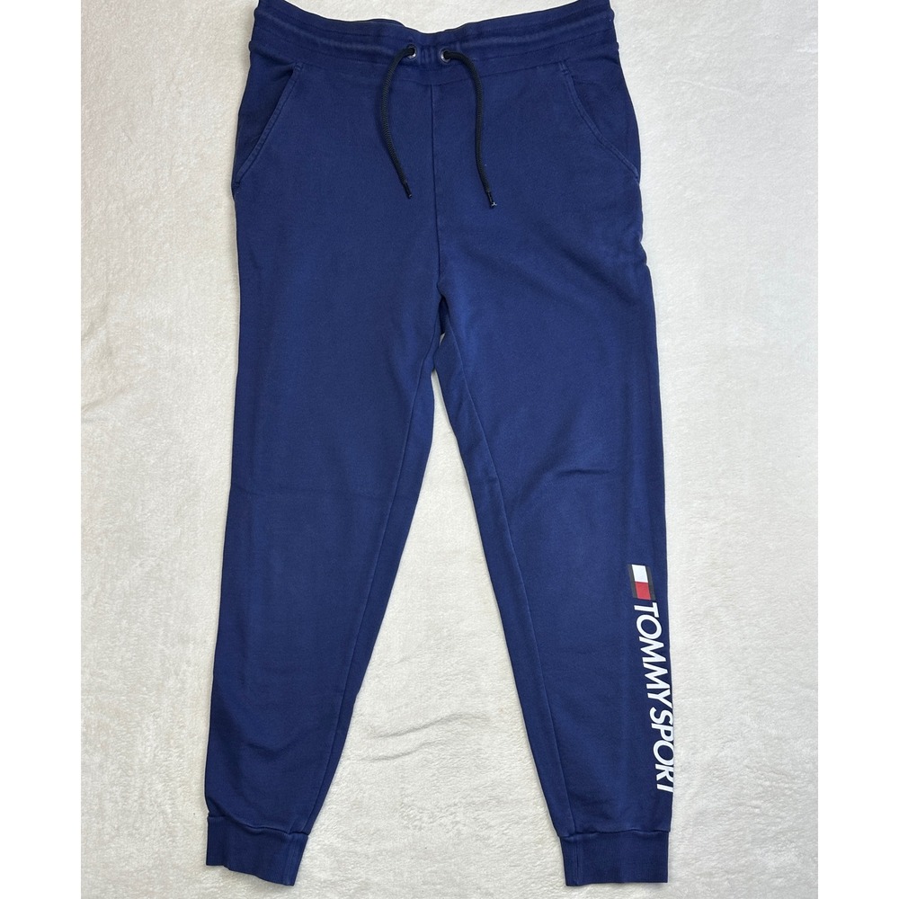 Tommy Sport Mens Navy Blue Jogger Sweatpants Large Logo‎ Graphic Activewear